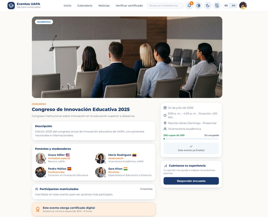 Detalle de un evento con ponentes y cupos en tiempo real
