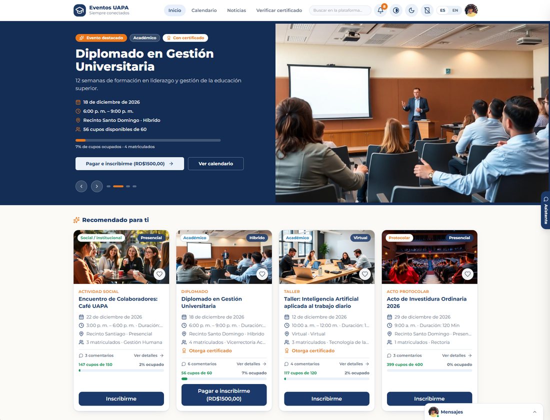 Inicio del portal con evento destacado y recomendaciones personalizadas