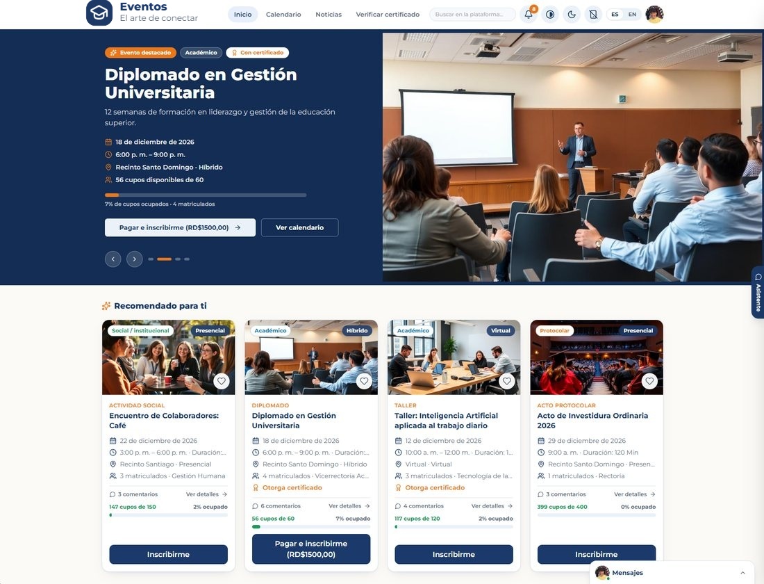 Inicio del portal con evento destacado y recomendaciones personalizadas